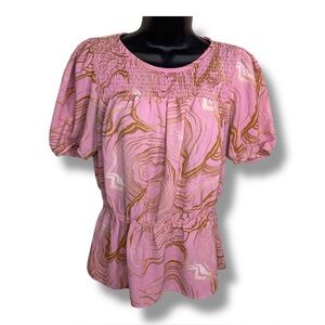 Medium Nine West Pink Gold Marbled Print Peplum Top Smocked Accent Ruffle